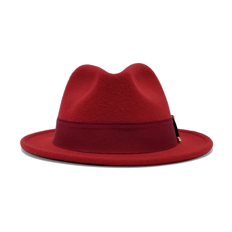 RUDY-stingy-brim pinch-front fedora in dark-red vegan faux-wool felt front-view