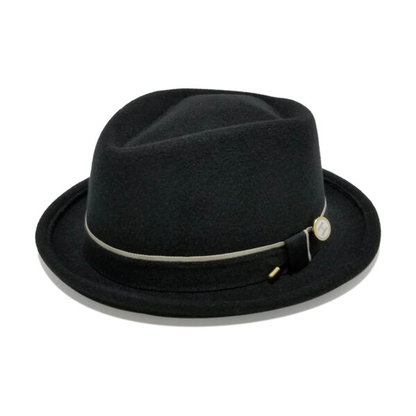REGGIE diamond-crown porkpie-hat in black vegan faux-wool felt
