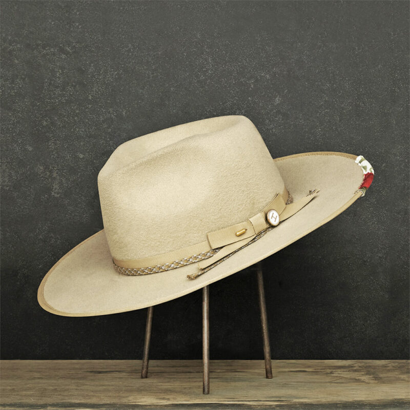 Wide brim vegan felt hat with vintage rose fabric underbrim - angle view